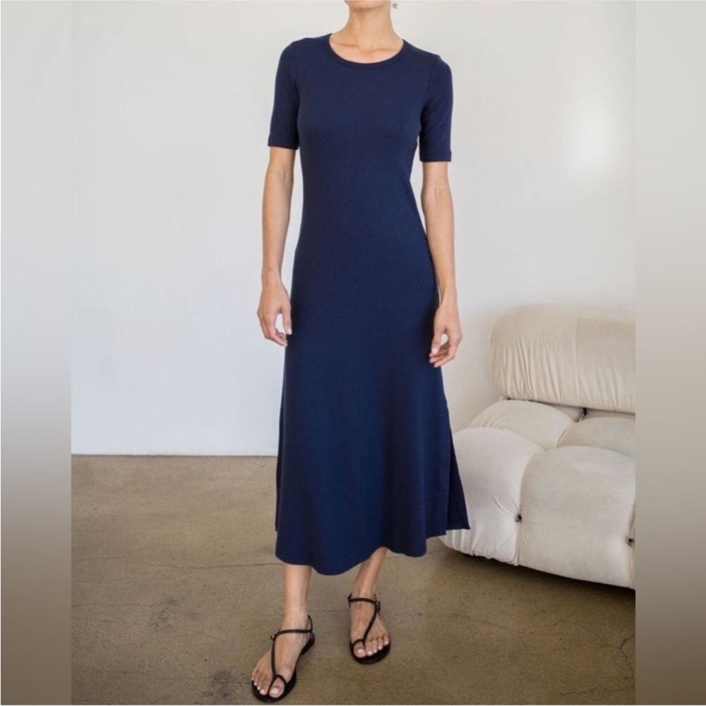 AYR The Moderne Ribbed Jersey Knit Side Slit Midi Dress Short Sleeve Navy XS